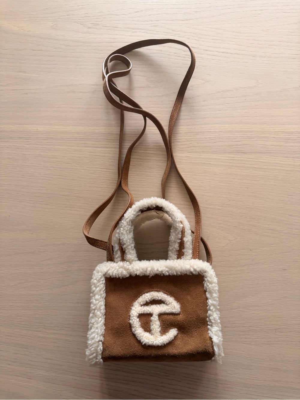 Telfar x UGG Shearling Trim Brown Crossbody Bag Small Shopper Bag in Chestnut